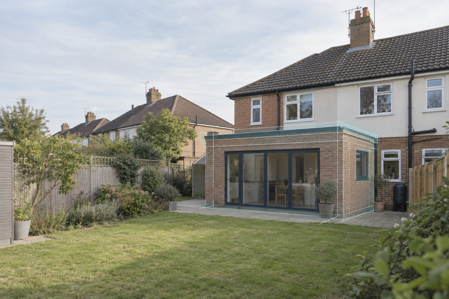 Two neighbouring English homes viewed from their gardens, with subtle architectural plan lines over one rear extension